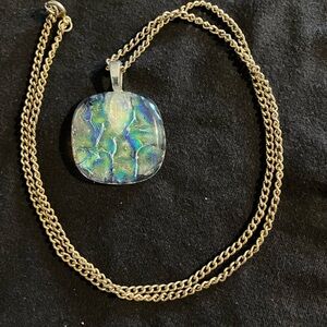 Iridescent Blue-Green Dichroic Glass Pendant Necklace